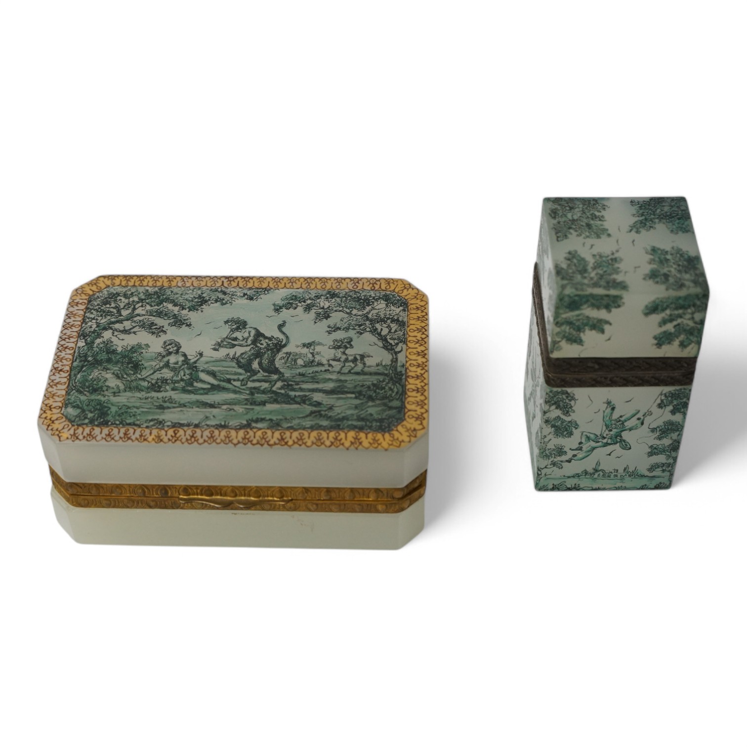 Two 19th century French enamelled opaline glass desk accessory boxes, 13.5cm. Condition - good